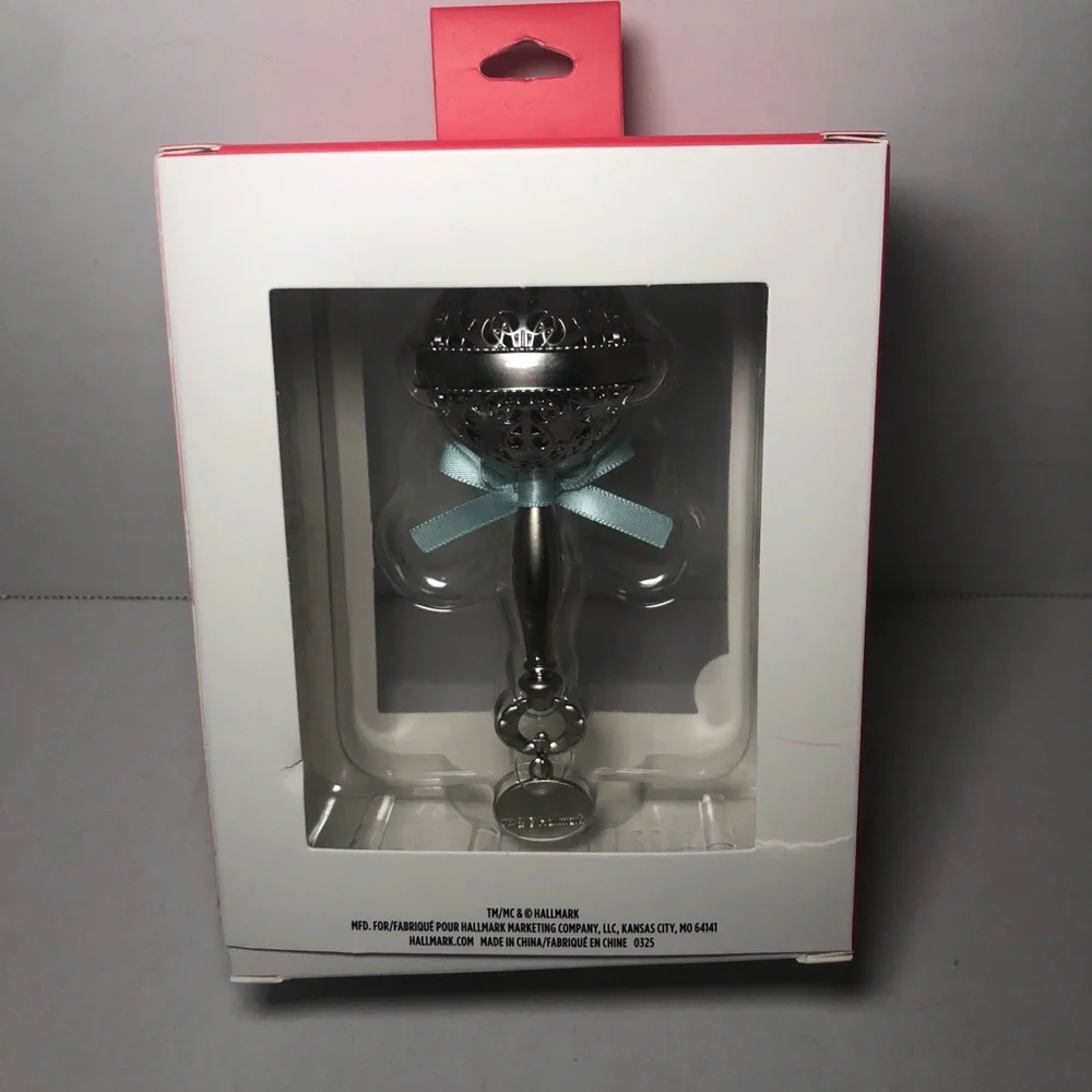 2025 Baby's First Christmas Ornament Hallmark Sliver Rattle Blue Bow Boy
